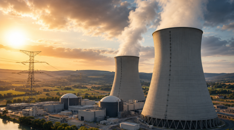 Centrale nucléaire française avec tours de refroidissement dégageant de la vapeur et lignes à haute tension, illustration du débat sur le prix de l’électricité nucléaire, EDF, l’ARENH à 42 euros par MWh et le fonctionnement du marché européen de l’électricité.