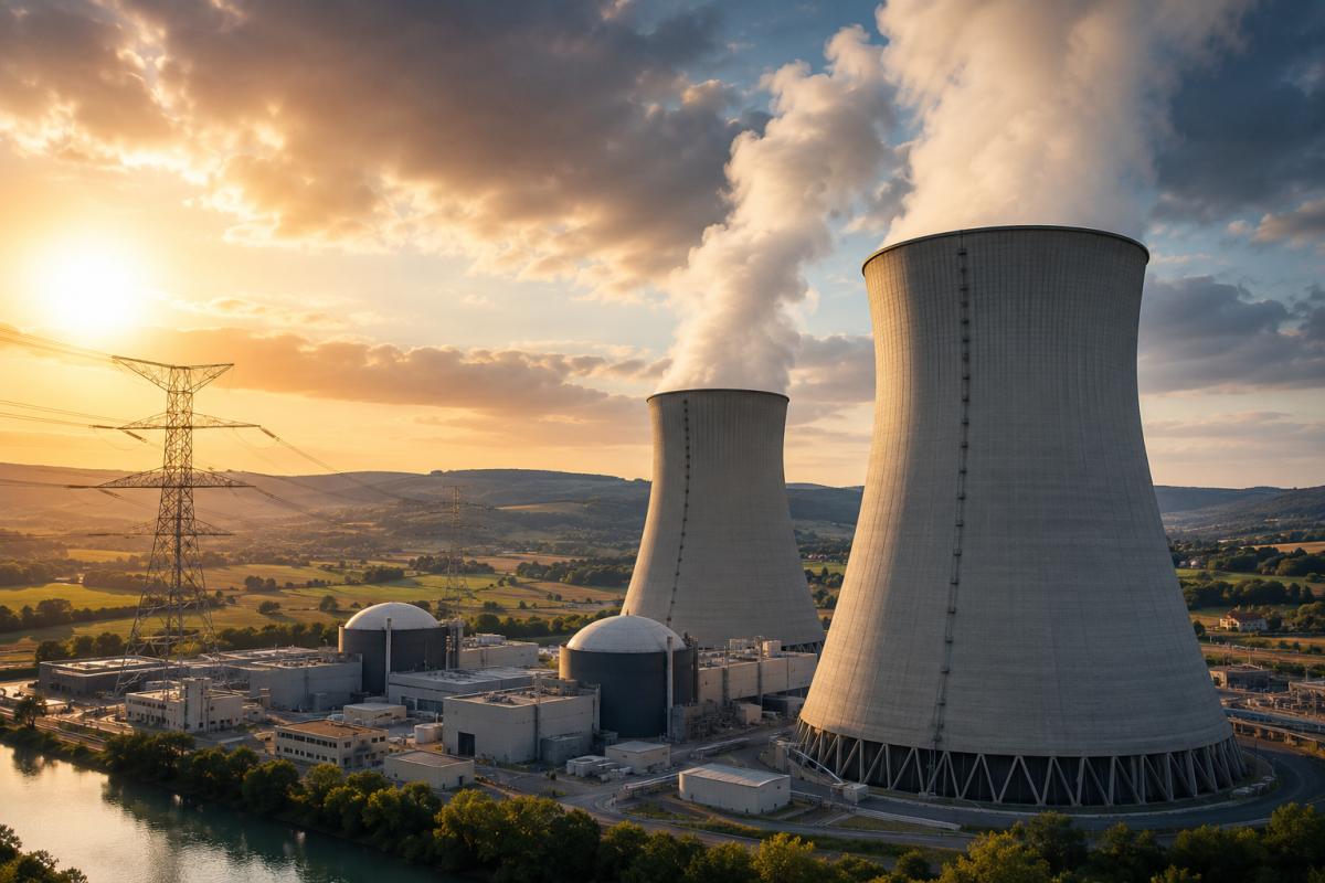 Centrale nucléaire française avec tours de refroidissement dégageant de la vapeur et lignes à haute tension, illustration du débat sur le prix de l’électricité nucléaire, EDF, l’ARENH à 42 euros par MWh et le fonctionnement du marché européen de l’électricité.