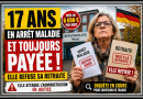 Illustration d’une enseignante allemande en arrêt maladie depuis 17 ans et toujours rémunérée, contestant sa mise à la retraite, sur fond d’établissement scolaire et de drapeau allemand.