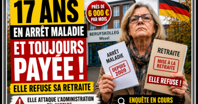 Illustration d’une enseignante allemande en arrêt maladie depuis 17 ans et toujours rémunérée, contestant sa mise à la retraite, sur fond d’établissement scolaire et de drapeau allemand.