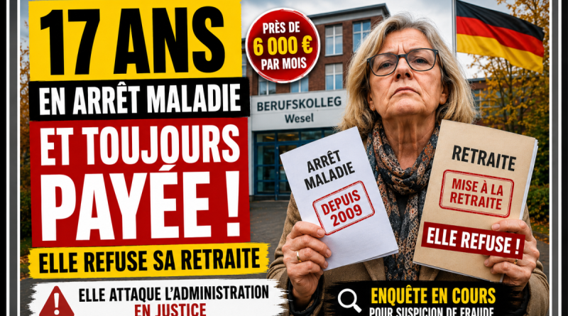 Illustration d’une enseignante allemande en arrêt maladie depuis 17 ans et toujours rémunérée, contestant sa mise à la retraite, sur fond d’établissement scolaire et de drapeau allemand.