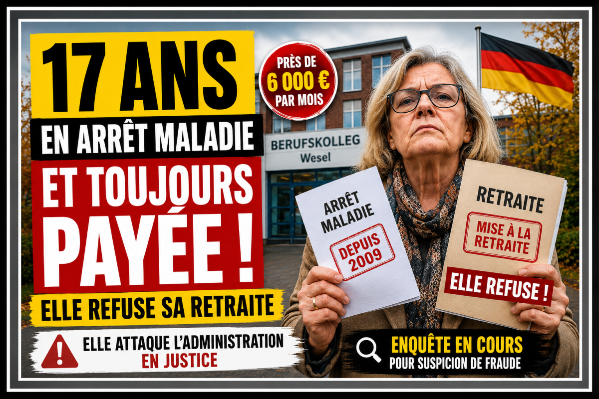 Illustration d’une enseignante allemande en arrêt maladie depuis 17 ans et toujours rémunérée, contestant sa mise à la retraite, sur fond d’établissement scolaire et de drapeau allemand.