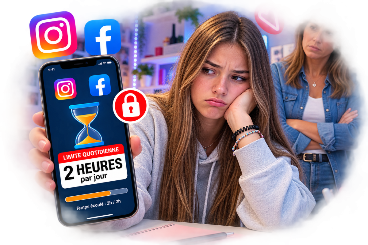 Adolescente devant un smartphone affichant une limite de deux heures par jour pour Facebook et Instagram, avec contrôle parental.