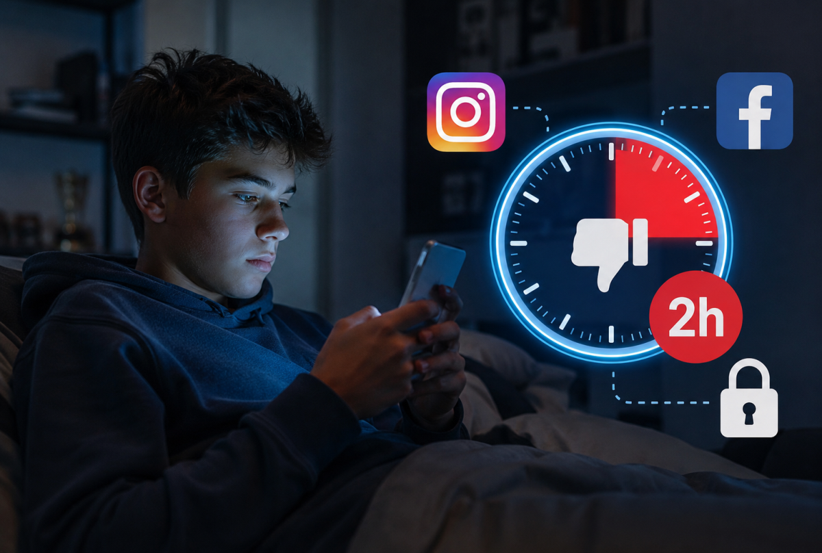 Adolescent utilisant son smartphone la nuit avec les logos Facebook et Instagram et une limite d'utilisation de deux heures.