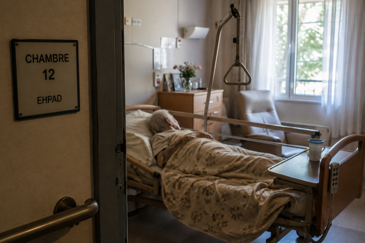 Chambre d’Ehpad avec lit médicalisé illustrant l’affaire d’une femme de 104 ans violemment agressée à Saint-Germain-du-Bois, en Saône-et-Loire, pour laquelle une aide-soignante a été mise en examen.