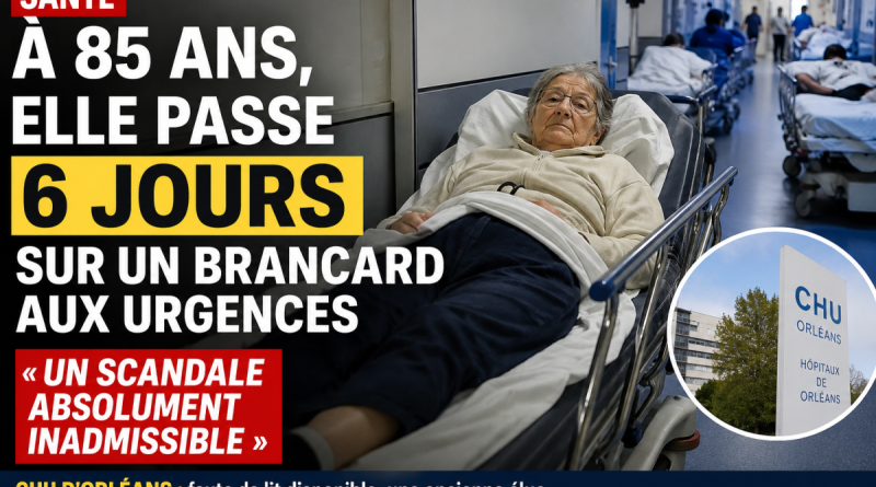 Femme âgée de 85 ans allongée sur un brancard dans un couloir d’urgences, illustration de l’affaire de l’ancienne élue municipale ayant passé six jours et cinq nuits sur un brancard au CHU d’Orléans faute de lit disponible.