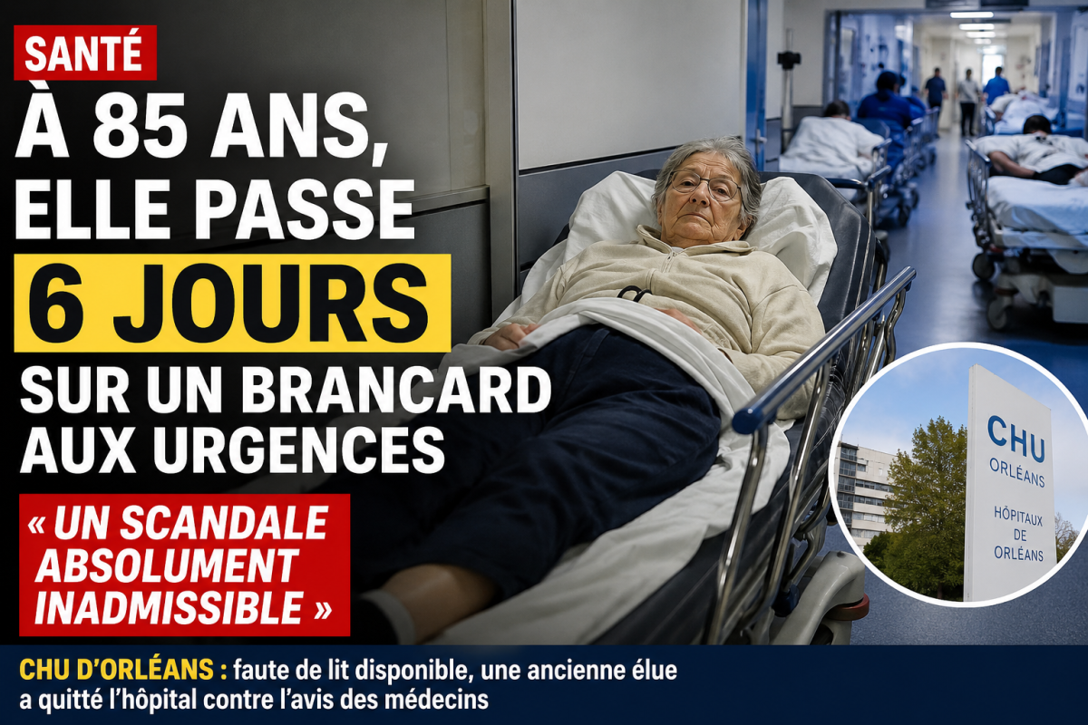 Femme âgée de 85 ans allongée sur un brancard dans un couloir d’urgences, illustration de l’affaire de l’ancienne élue municipale ayant passé six jours et cinq nuits sur un brancard au CHU d’Orléans faute de lit disponible.