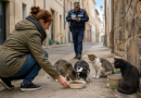Une femme dépose une gamelle de nourriture pour plusieurs chats errants dans une rue française, illustration de la réglementation et du risque d'amende lié au nourrissage des animaux errants.