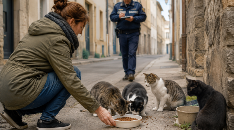 Une femme dépose une gamelle de nourriture pour plusieurs chats errants dans une rue française, illustration de la réglementation et du risque d'amende lié au nourrissage des animaux errants.