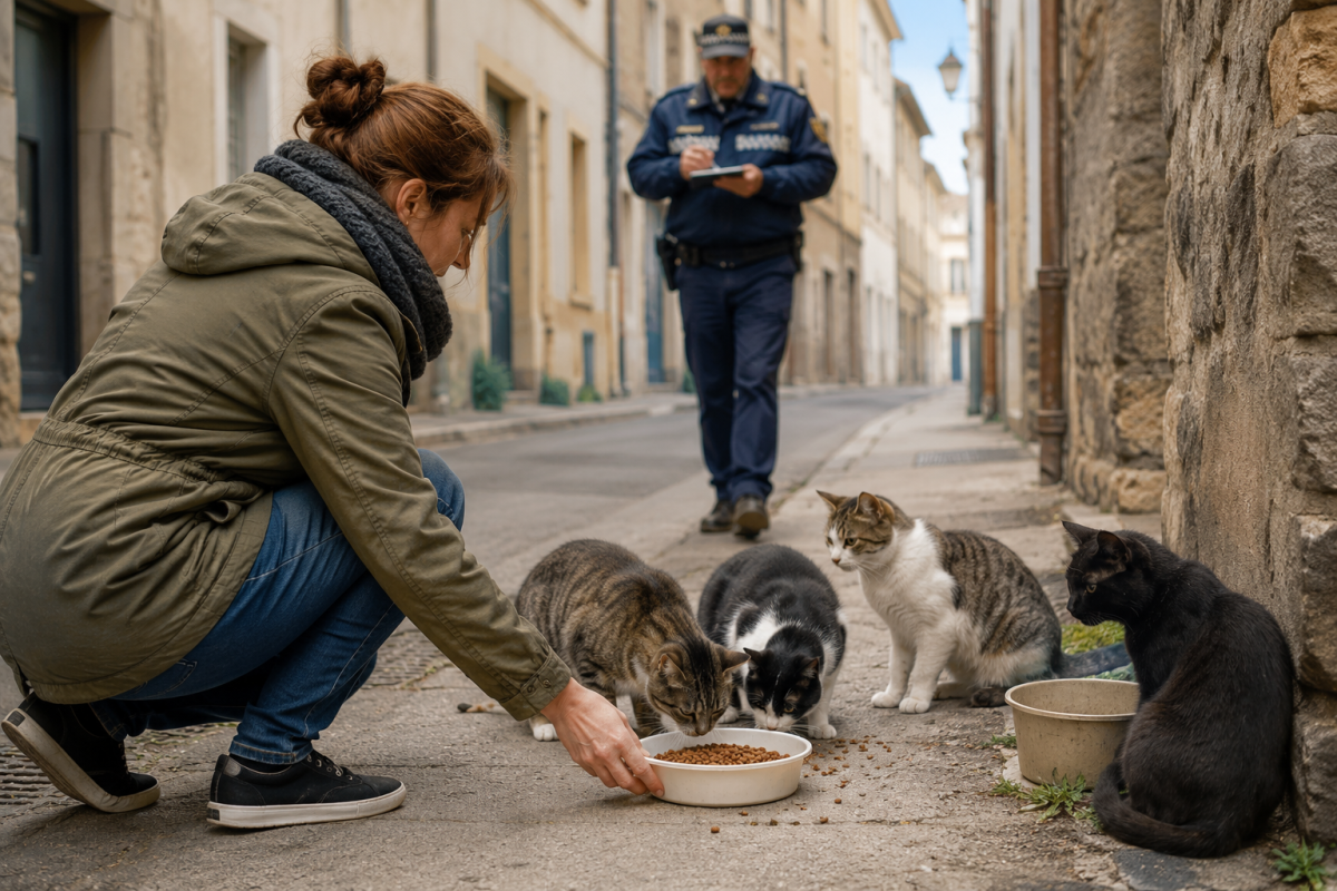 Une femme dépose une gamelle de nourriture pour plusieurs chats errants dans une rue française, illustration de la réglementation et du risque d'amende lié au nourrissage des animaux errants.