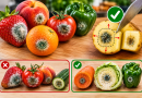 Fruits et légumes moisis sur une planche de cuisine avec fraise, pêche, tomate, concombre, pomme, carotte et poivron, illustrant les précautions à prendre avant de couper une partie moisie et de consommer le reste.