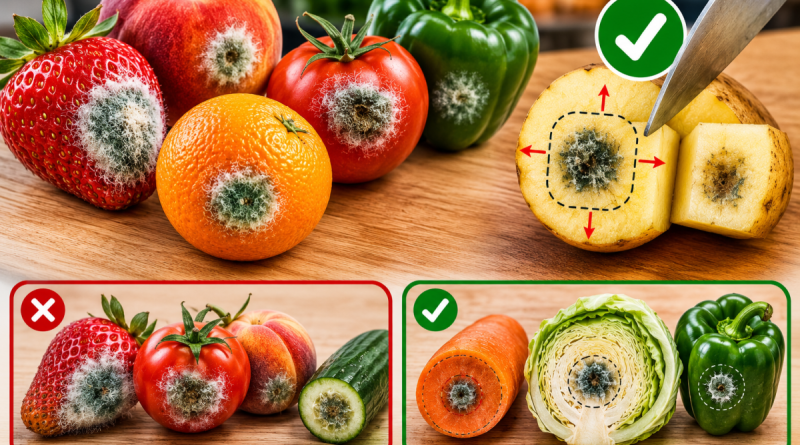 Fruits et légumes moisis sur une planche de cuisine avec fraise, pêche, tomate, concombre, pomme, carotte et poivron, illustrant les précautions à prendre avant de couper une partie moisie et de consommer le reste.