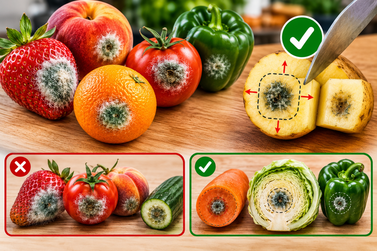 Fruits et légumes moisis sur une planche de cuisine avec fraise, pêche, tomate, concombre, pomme, carotte et poivron, illustrant les précautions à prendre avant de couper une partie moisie et de consommer le reste.