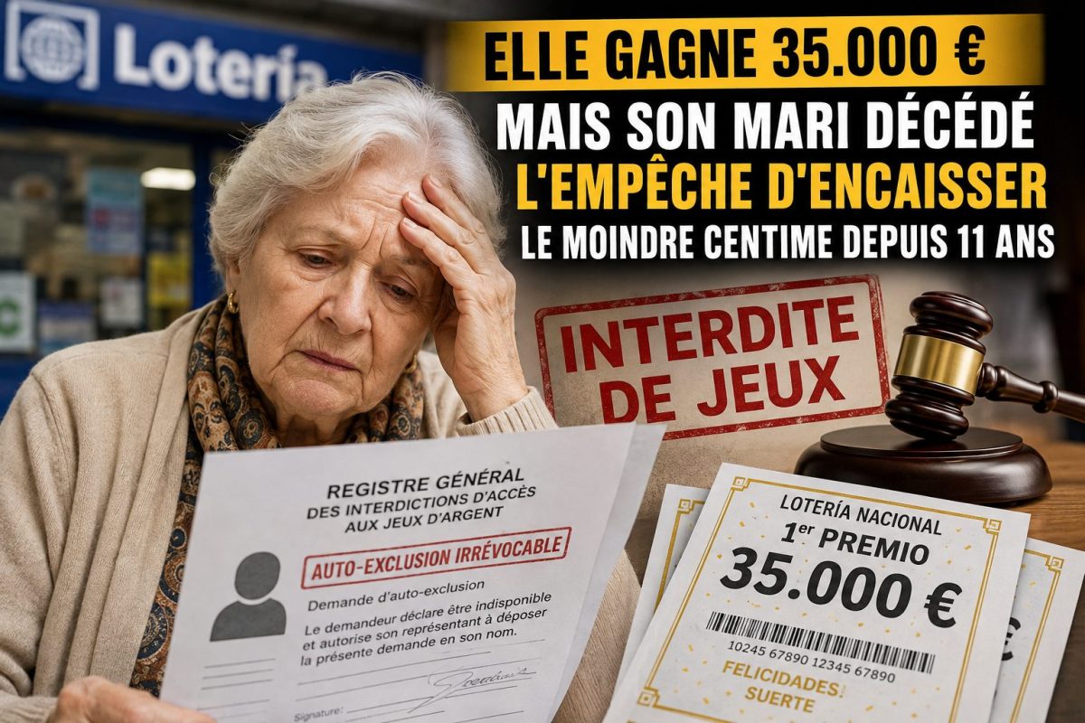 Une Espagnole de 79 ans, bouleversée après avoir remporté 35.000 euros à la loterie, consulte des documents d'auto-exclusion des jeux d'argent tandis qu'un ticket gagnant, un tampon « Interdite de jeux » et un marteau de juge illustrent le litige judiciaire lié à une usurpation d'identité présumée commise par son défunt mari, qui l'empêche de récupérer ses gains.