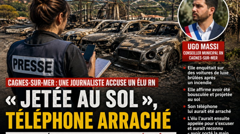 Illustration d’une journaliste tenant un smartphone et un carnet lors d’un reportage à Cagnes-sur-Mer, où une journaliste de Nice-Matin affirme avoir été projetée au sol et s’être fait arracher son téléphone lors d’une altercation impliquant un élu municipal.