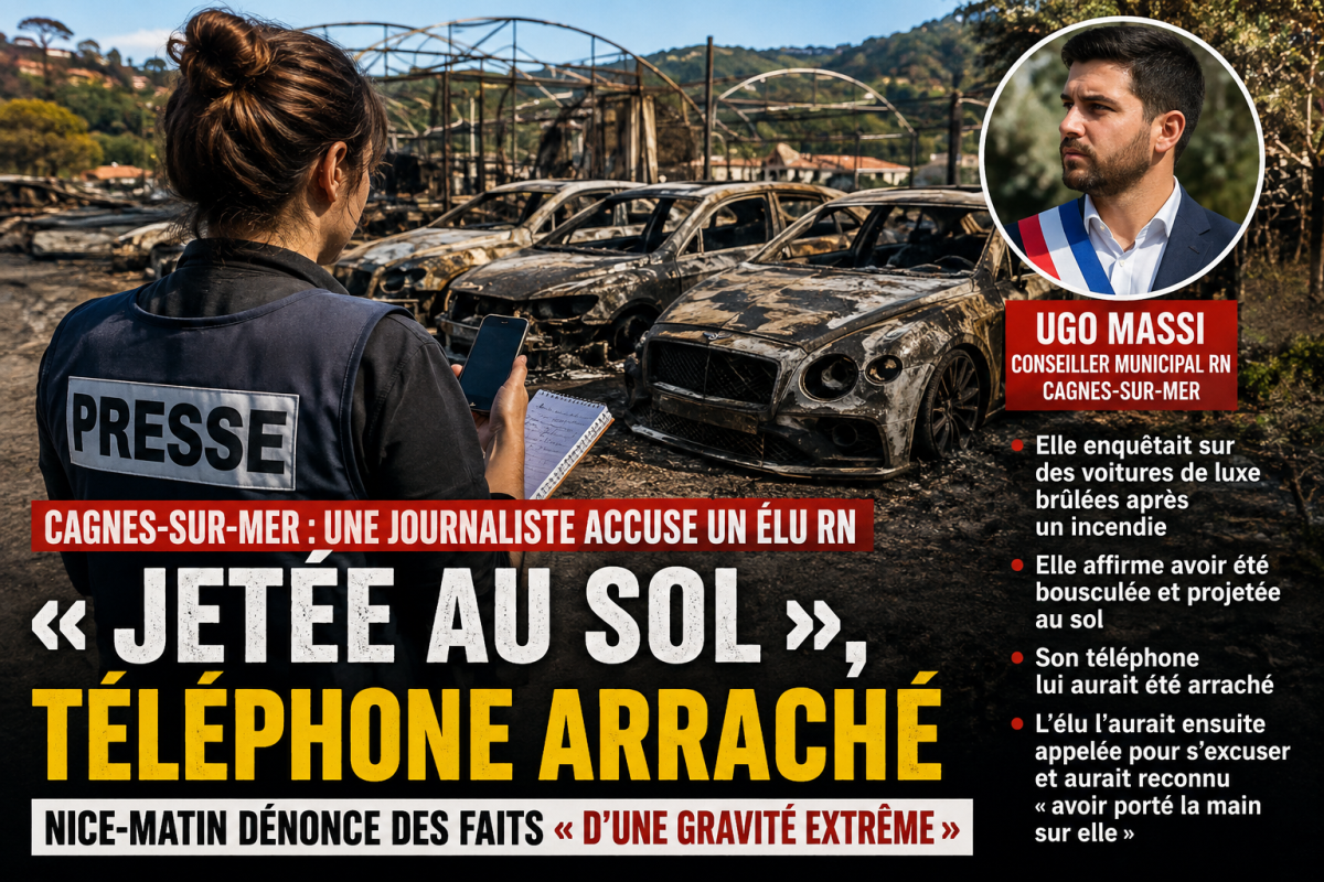 Illustration d’une journaliste tenant un smartphone et un carnet lors d’un reportage à Cagnes-sur-Mer, où une journaliste de Nice-Matin affirme avoir été projetée au sol et s’être fait arracher son téléphone lors d’une altercation impliquant un élu municipal.