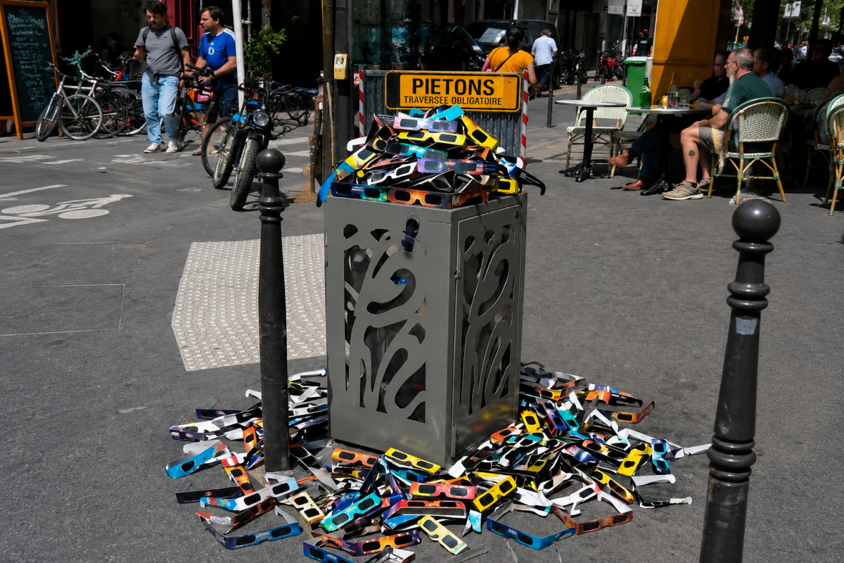 « Une poubelle publique déborde de lunettes de protection utilisées pour observer l’éclipse solaire, tandis que de nombreuses autres lunettes sont abandonnées sur le trottoir, illustrant la question des déchets, du gaspillage et de l’impact environnemental des objets utilisés pendant une très courte durée. »