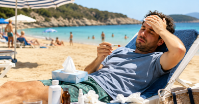 Salarié malade pendant ses vacances, allongé sur un transat avec un thermomètre, illustrant le droit au report des jours de congés payés qui coïncident avec un arrêt maladie.