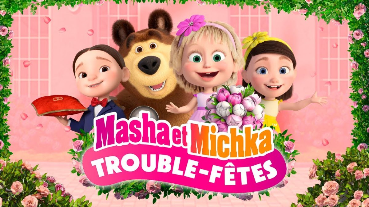 Masha, Michka et plusieurs personnages du dessin animé russe « Masha et Michka » sur le visuel de l’épisode spécial « Trouble-fêtes ».