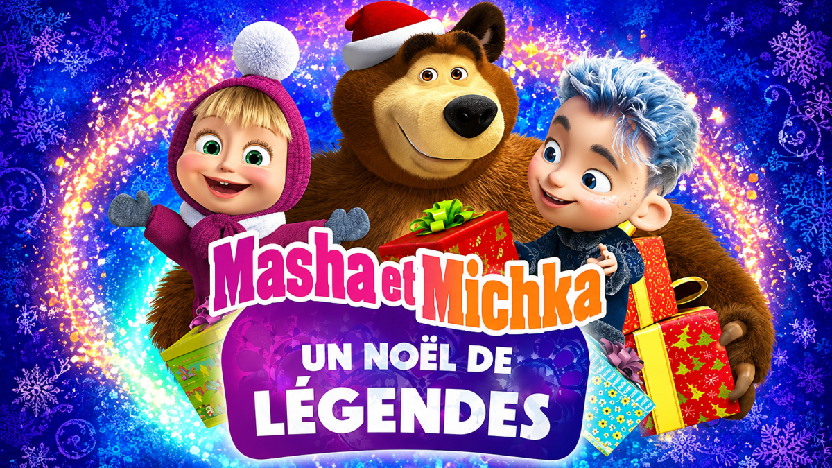 Masha et Michka avec des cadeaux de Noël sur le visuel de l’épisode spécial « Un Noël de légendes » du célèbre dessin animé russe.