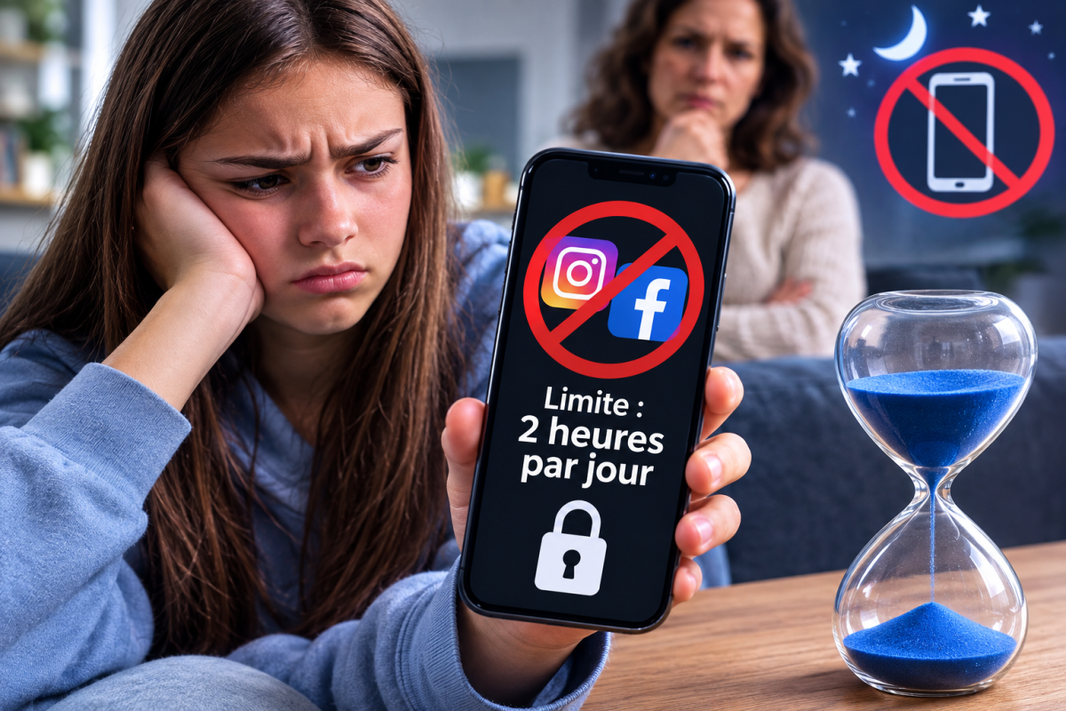 Adolescente face à un smartphone indiquant une limite de deux heures par jour pour Facebook et Instagram, sous le regard d'un parent.