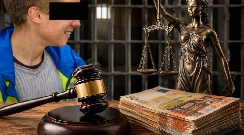 Illustration représentant un homme condamné pour le viol et le meurtre d'une travailleuse du sexe en Suisse, avec un marteau de justice et des billets en euros symbolisant les 185 000 euros d'indemnisation qui doivent lui être versés après qu'une partie de sa détention a été jugée illégale par la justice. Cette image illustre une affaire ayant suscité un important débat sur l'application du droit et les limites de l'État de droit.