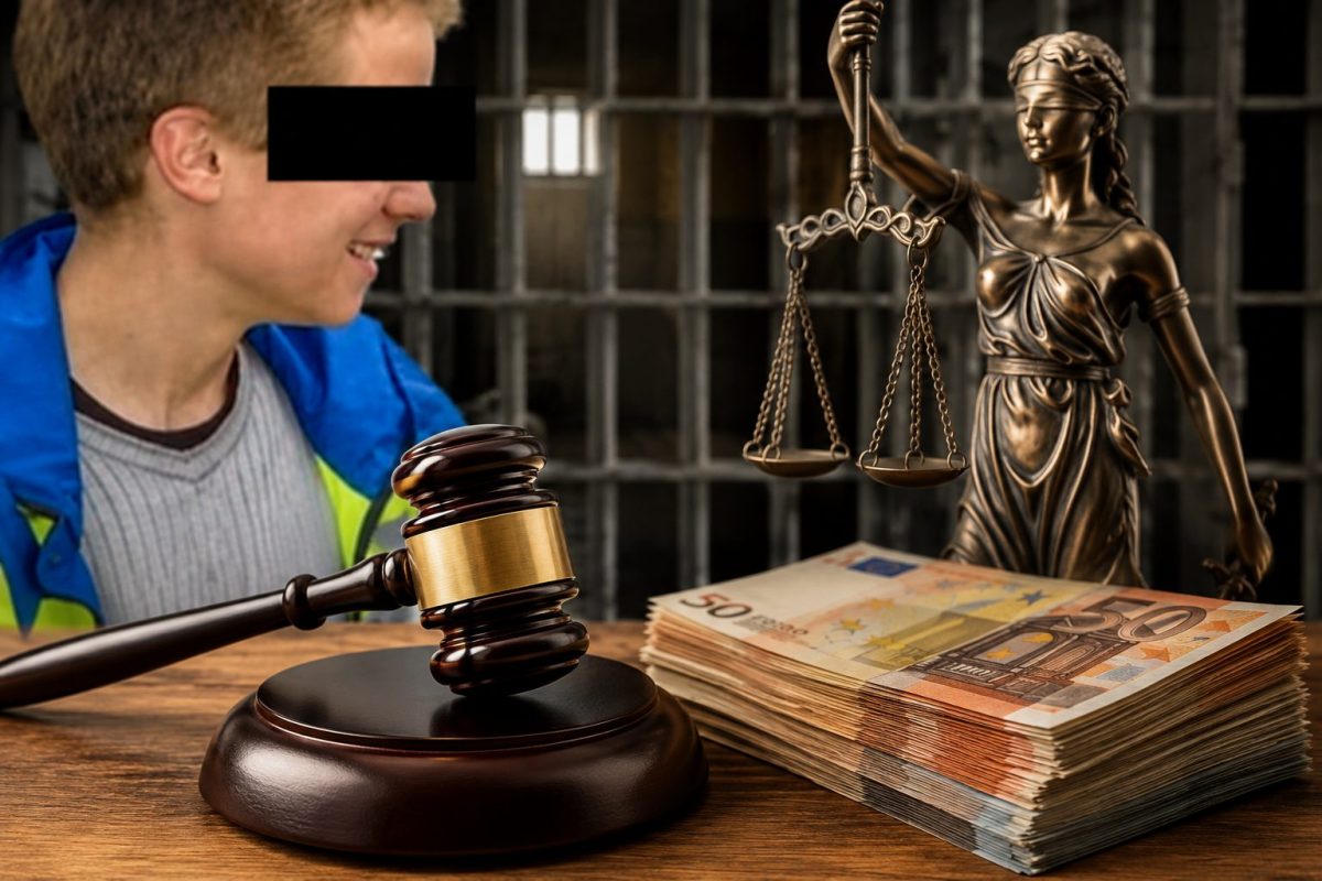 Illustration représentant un homme condamné pour le viol et le meurtre d'une travailleuse du sexe en Suisse, avec un marteau de justice et des billets en euros symbolisant les 185 000 euros d'indemnisation qui doivent lui être versés après qu'une partie de sa détention a été jugée illégale par la justice. Cette image illustre une affaire ayant suscité un important débat sur l'application du droit et les limites de l'État de droit.