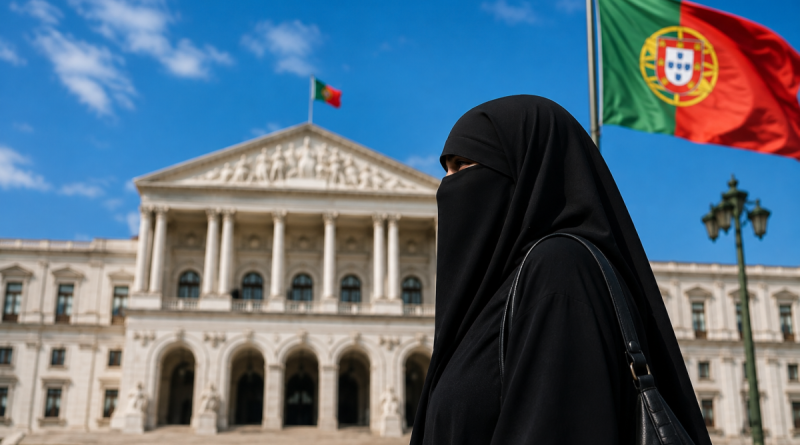 Femme portant un niqab noir devant un bâtiment officiel et des drapeaux portugais, illustration de l’interdiction du voile intégral et de la dissimulation du visage dans les espaces publics au Portugal.