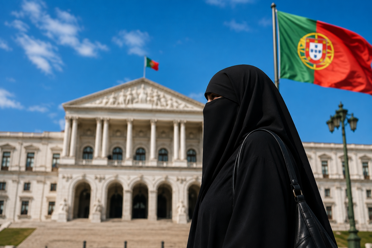 Femme portant un niqab noir devant un bâtiment officiel et des drapeaux portugais, illustration de l’interdiction du voile intégral et de la dissimulation du visage dans les espaces publics au Portugal.