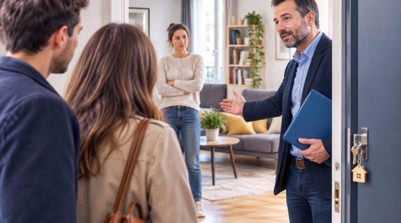 Illustration photoréaliste d'un propriétaire ou d'un agent immobilier faisant visiter un appartement loué à de potentiels acheteurs, tandis que le locataire, présent dans le logement, observe la scène. Cette image illustre les règles encadrant les visites d'un logement occupé pour une vente ou une relocation ainsi que les droits du locataire.