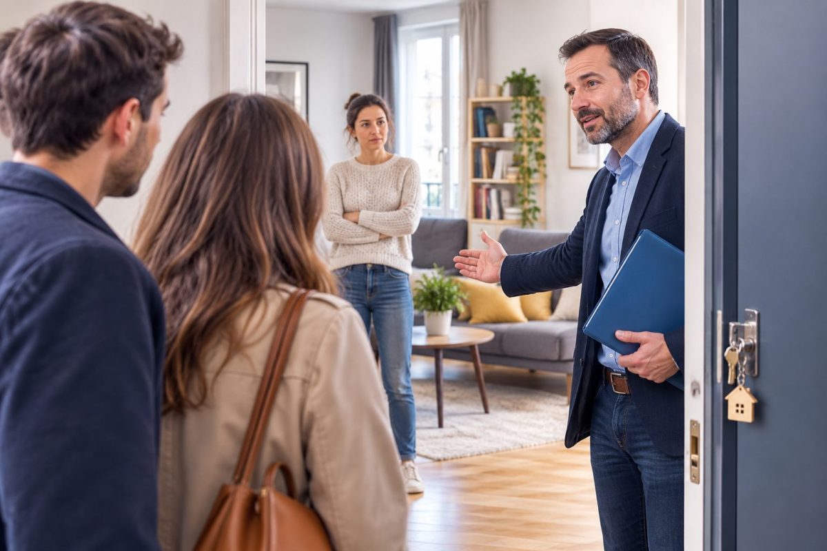 Illustration photoréaliste d'un propriétaire ou d'un agent immobilier faisant visiter un appartement loué à de potentiels acheteurs, tandis que le locataire, présent dans le logement, observe la scène. Cette image illustre les règles encadrant les visites d'un logement occupé pour une vente ou une relocation ainsi que les droits du locataire.