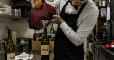 Serveur dans l’arrière-cuisine d’un restaurant remplissant une bouteille de vin à l’aide d’un cubi, illustration du rempotage et de la substitution frauduleuse de vin au restaurant.