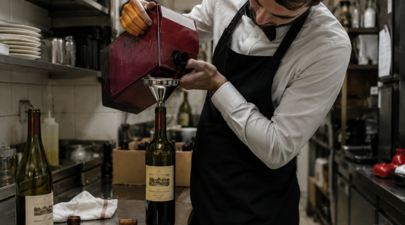 Serveur dans l’arrière-cuisine d’un restaurant remplissant une bouteille de vin à l’aide d’un cubi, illustration du rempotage et de la substitution frauduleuse de vin au restaurant.