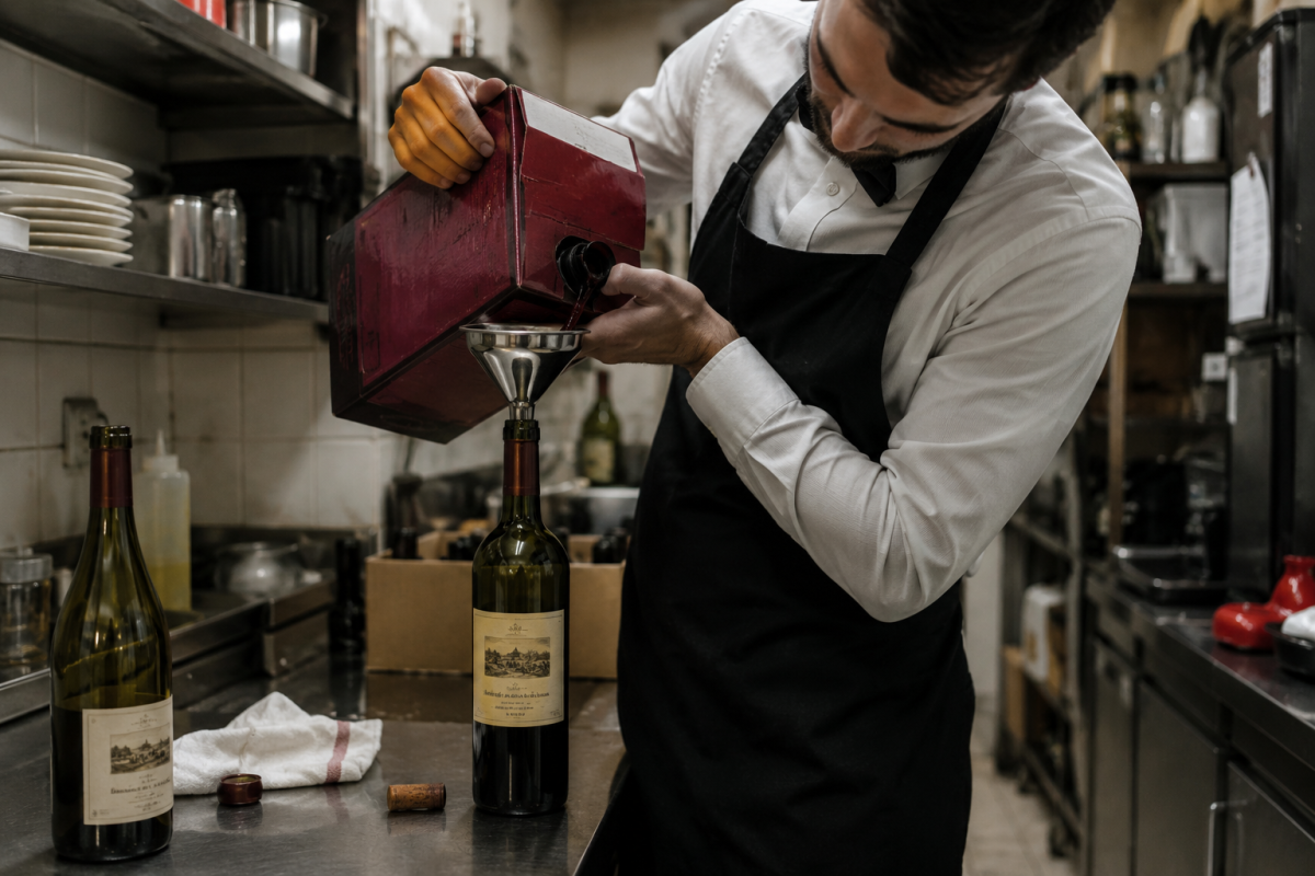 Serveur dans l’arrière-cuisine d’un restaurant remplissant une bouteille de vin à l’aide d’un cubi, illustration du rempotage et de la substitution frauduleuse de vin au restaurant.