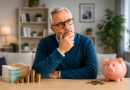 Homme senior réfléchissant à son budget devant une tirelire, des billets et des pièces en euros, illustration des conséquences financières du passage de la vie active à la retraite.