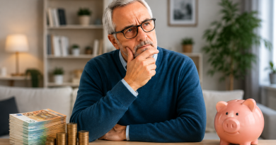 Homme senior réfléchissant à son budget devant une tirelire, des billets et des pièces en euros, illustration des conséquences financières du passage de la vie active à la retraite.