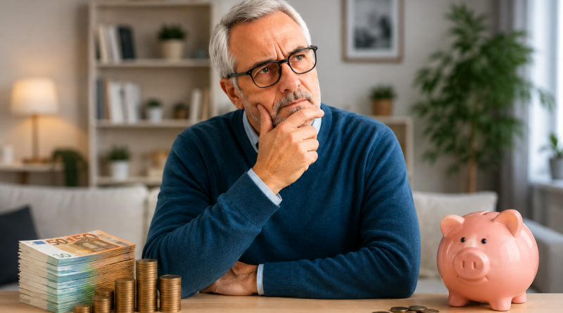 Homme senior réfléchissant à son budget devant une tirelire, des billets et des pièces en euros, illustration des conséquences financières du passage de la vie active à la retraite.