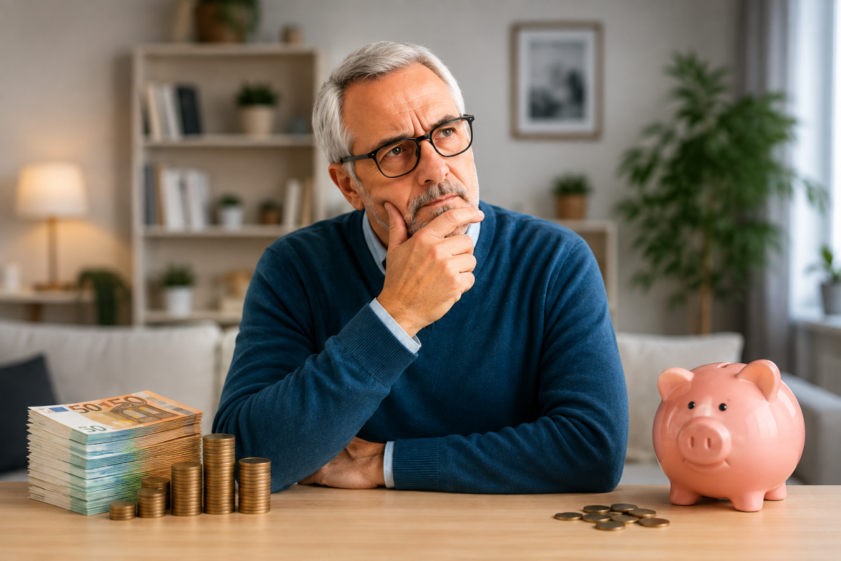 Homme senior réfléchissant à son budget devant une tirelire, des billets et des pièces en euros, illustration des conséquences financières du passage de la vie active à la retraite.