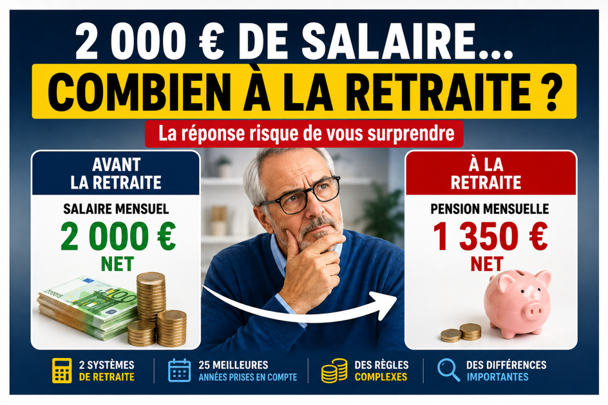Illustration d'un salarié s'interrogeant sur la baisse de ses revenus au moment de son départ à la retraite, avec une comparaison entre son ancien salaire et le montant de sa future pension de retraite.