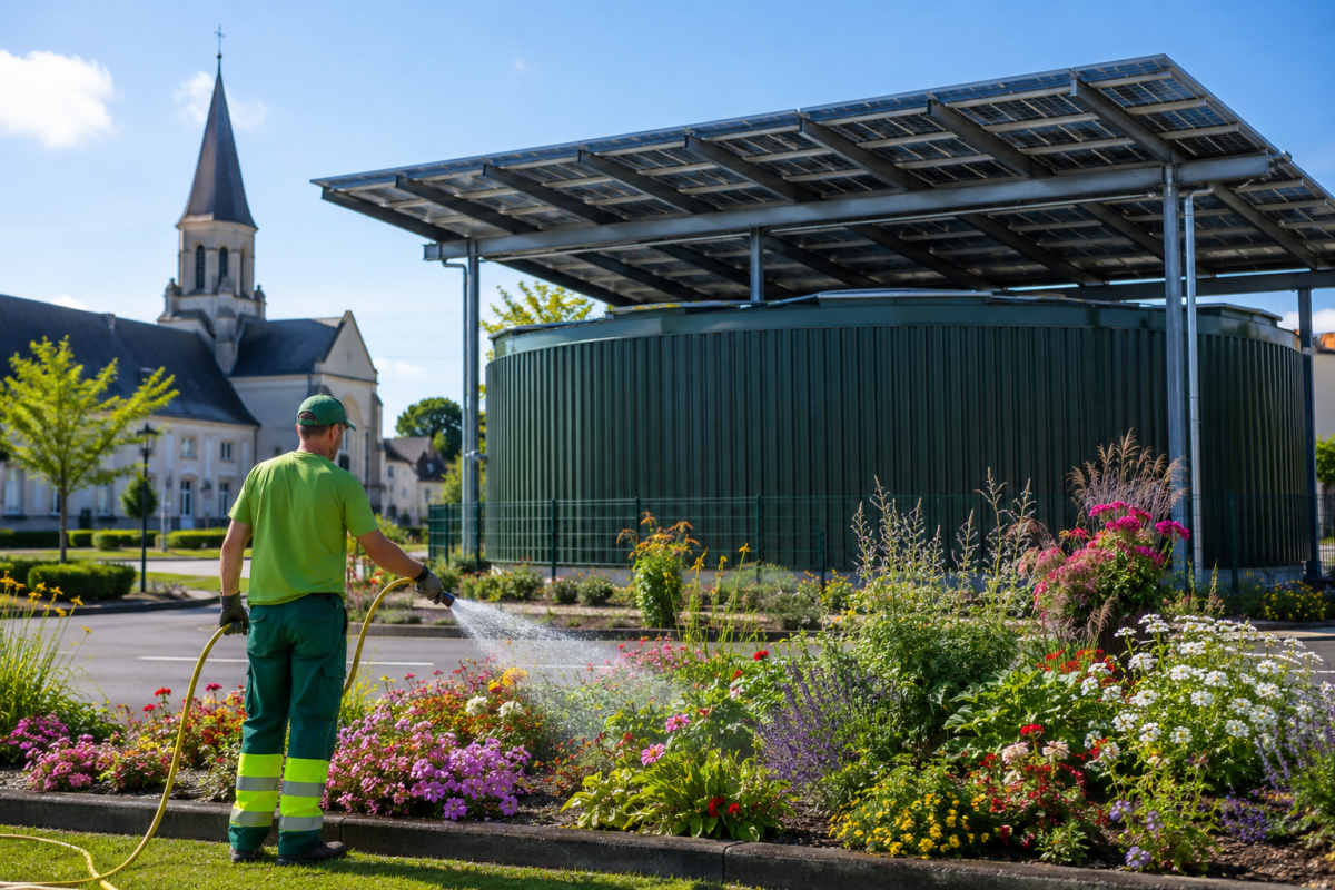 Jardinier municipal arrosant des massifs de fleurs avec de l’eau récupérée à Ballan-Miré, commune d’Indre-et-Loire touchée par les restrictions d’eau liées à la sécheresse.