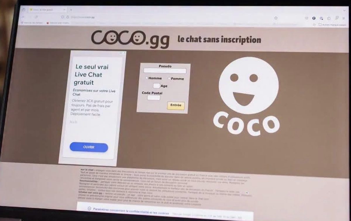 Capture d'écran de la page d'accueil du site Coco.gg affichée sur un ordinateur. Cette plateforme de discussion est au centre de l'affaire judiciaire ayant conduit à la condamnation du YouTubeur GabMorrison à cinq ans de prison ferme pour des guets-apens accompagnés de violences et de vols.