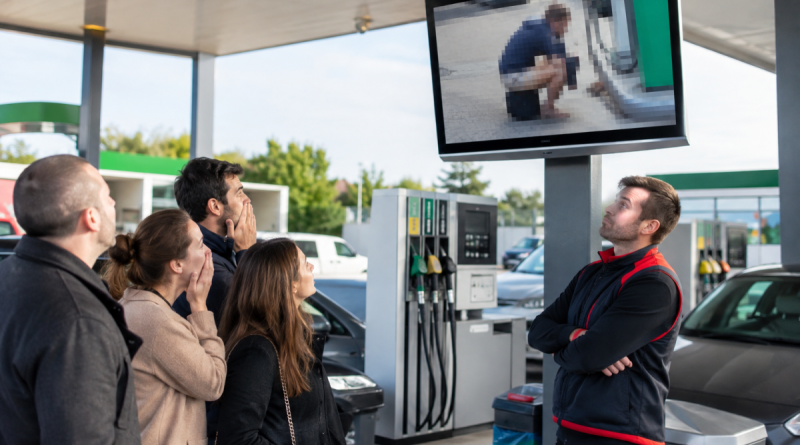 Illustration photoréaliste d'une station-service moderne avec plusieurs pompes à carburant. Des clients, visiblement choqués, regardent un écran diffusant une image volontairement floutée d'une scène d'incivilité, tandis qu'un employé observe la situation les bras croisés. Cette illustration accompagne un article consacré à la décision d'un Super U d'afficher une capture de vidéosurveillance pour dénoncer le comportement inapproprié d'un client.