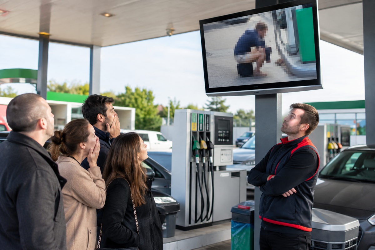 Illustration photoréaliste d'une station-service moderne avec plusieurs pompes à carburant. Des clients, visiblement choqués, regardent un écran diffusant une image volontairement floutée d'une scène d'incivilité, tandis qu'un employé observe la situation les bras croisés. Cette illustration accompagne un article consacré à la décision d'un Super U d'afficher une capture de vidéosurveillance pour dénoncer le comportement inapproprié d'un client.