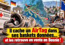 Baskets données à la Croix-Rouge allemande avec un AirTag caché à l’intérieur, suivies à travers l’Europe jusqu’en Bosnie-Herzégovine où elles sont retrouvées en vente sur un marché de seconde main.