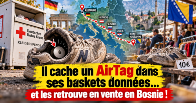 Baskets données à la Croix-Rouge allemande avec un AirTag caché à l’intérieur, suivies à travers l’Europe jusqu’en Bosnie-Herzégovine où elles sont retrouvées en vente sur un marché de seconde main.
