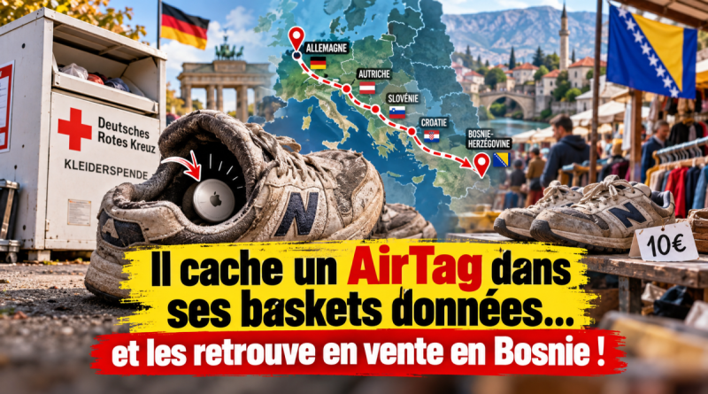 Baskets données à la Croix-Rouge allemande avec un AirTag caché à l’intérieur, suivies à travers l’Europe jusqu’en Bosnie-Herzégovine où elles sont retrouvées en vente sur un marché de seconde main.