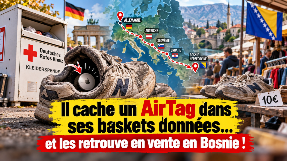Baskets données à la Croix-Rouge allemande avec un AirTag caché à l’intérieur, suivies à travers l’Europe jusqu’en Bosnie-Herzégovine où elles sont retrouvées en vente sur un marché de seconde main.