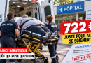 Illustration d’un transport en ambulance bariatrique vers un hôpital, avec un patient sur un brancard adapté et un reste à charge de 722 euros pour accéder aux soins.