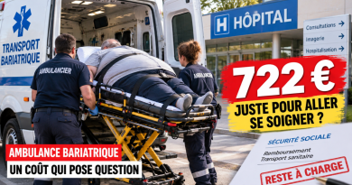 Illustration d’un transport en ambulance bariatrique vers un hôpital, avec un patient sur un brancard adapté et un reste à charge de 722 euros pour accéder aux soins.