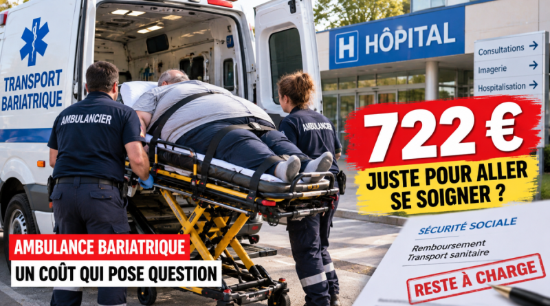 Illustration d’un transport en ambulance bariatrique vers un hôpital, avec un patient sur un brancard adapté et un reste à charge de 722 euros pour accéder aux soins.